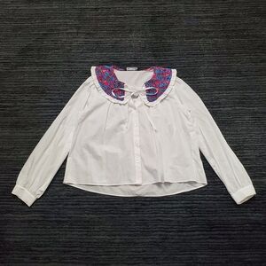 Zara Size M White/Multi Floral Peter Pan Collar Long Sleeve Button Up Poplin Top